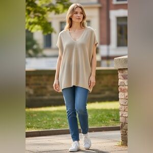EILEEN FISHER Tan organic linen V-Neck Tunic Top, M